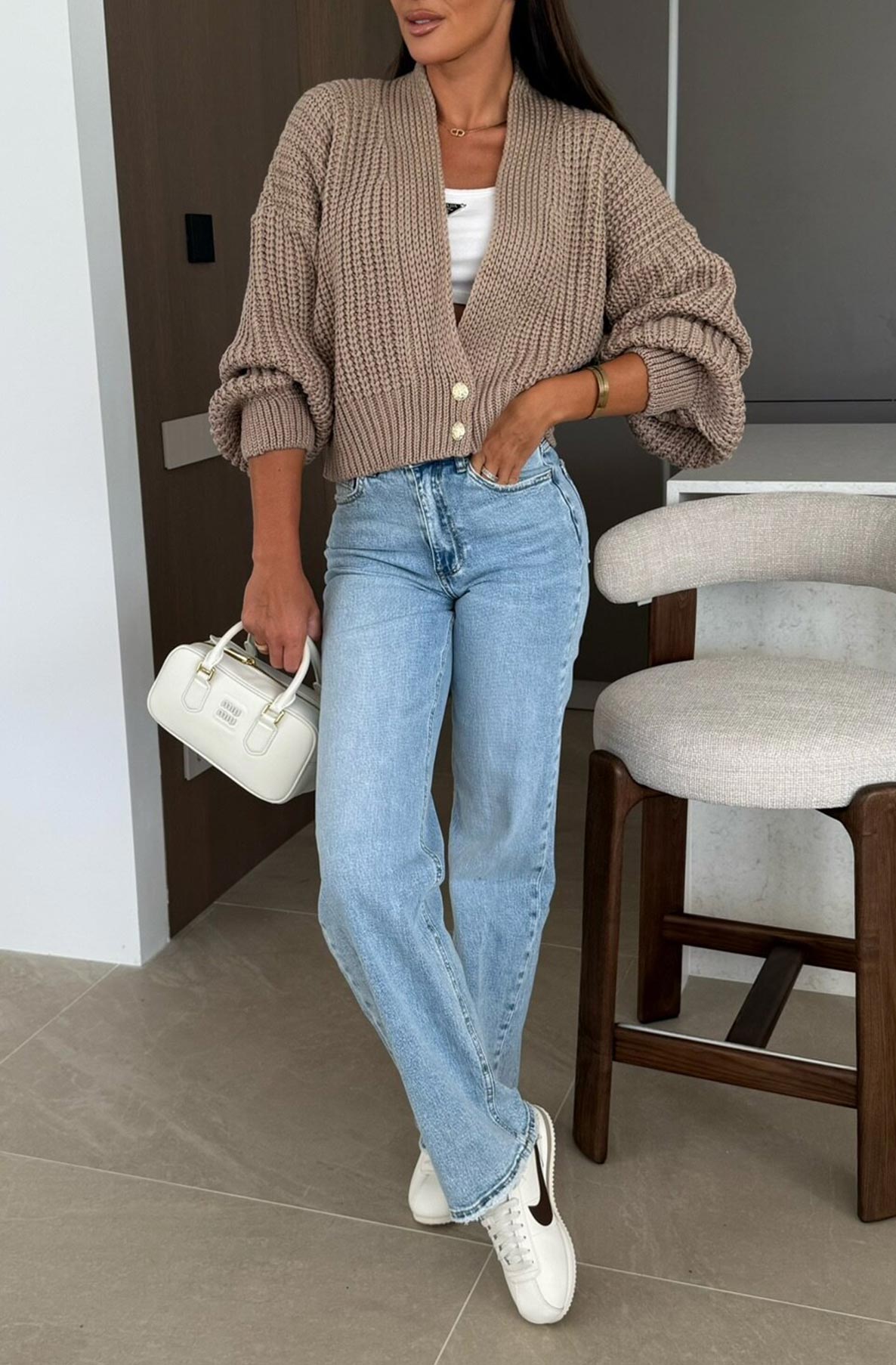 Miranda Cropped Knitted Cardigan-Stone