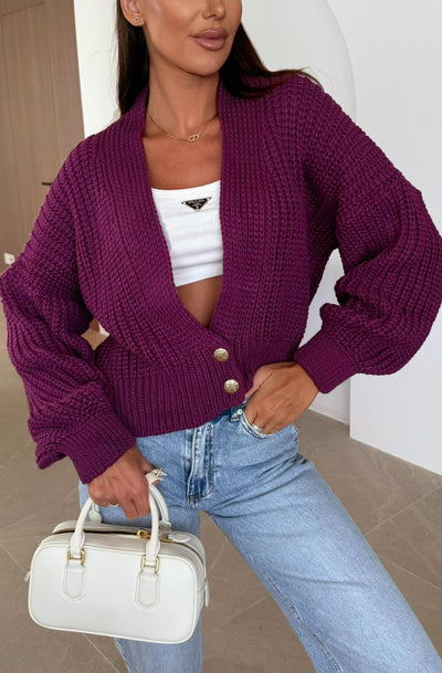Miranda Cropped Knitted Cardigan-Wine