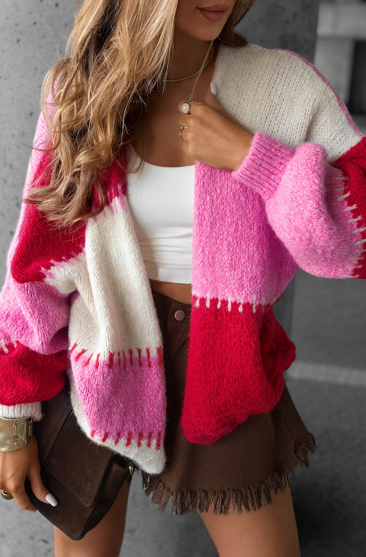 Miraya Contrast Colour Block Knitted Cardigan-Red