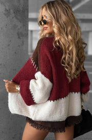 Miraya Contrast Colour Block Knitted Cardigan-Wine