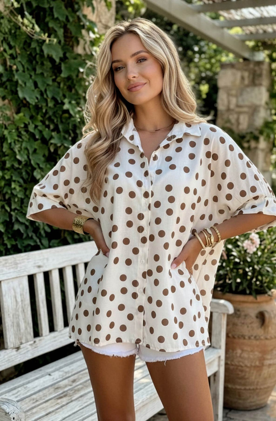 Mirea Polka Dot Oversized Collared Shirt Top
