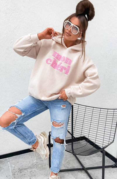 Mon Chéri Oversized Hooded Sweatshirt Jumper-Stone
