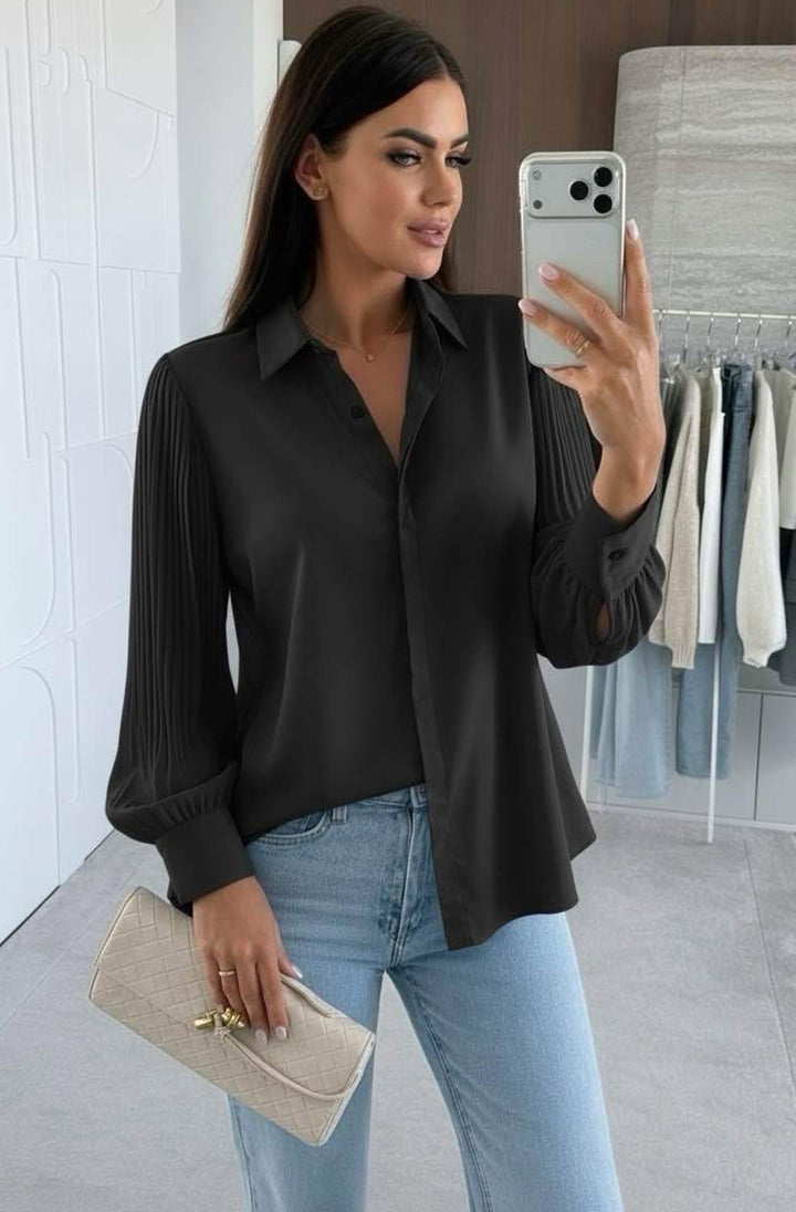 Monroe Pleated Sleeve Button-Up Shirt Blouse-Black