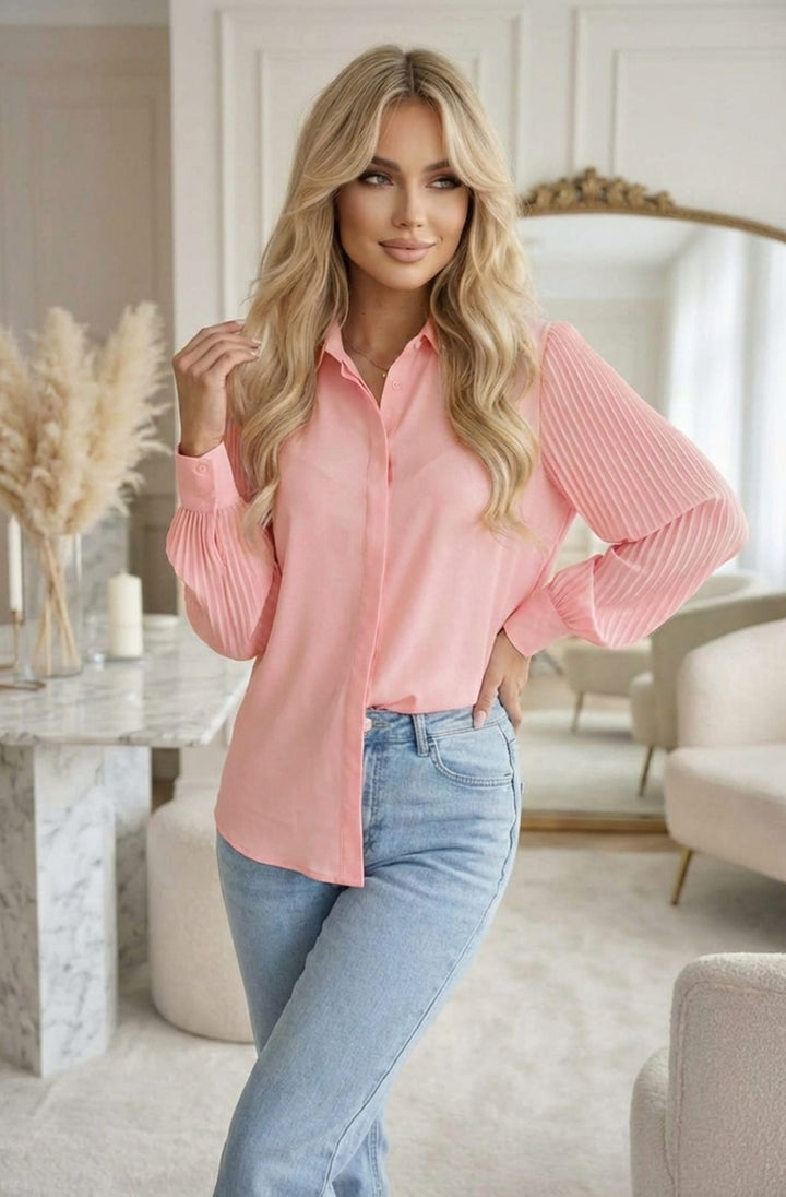 Monroe Pleated Sleeve Button-Up Shirt Blouse - Peach