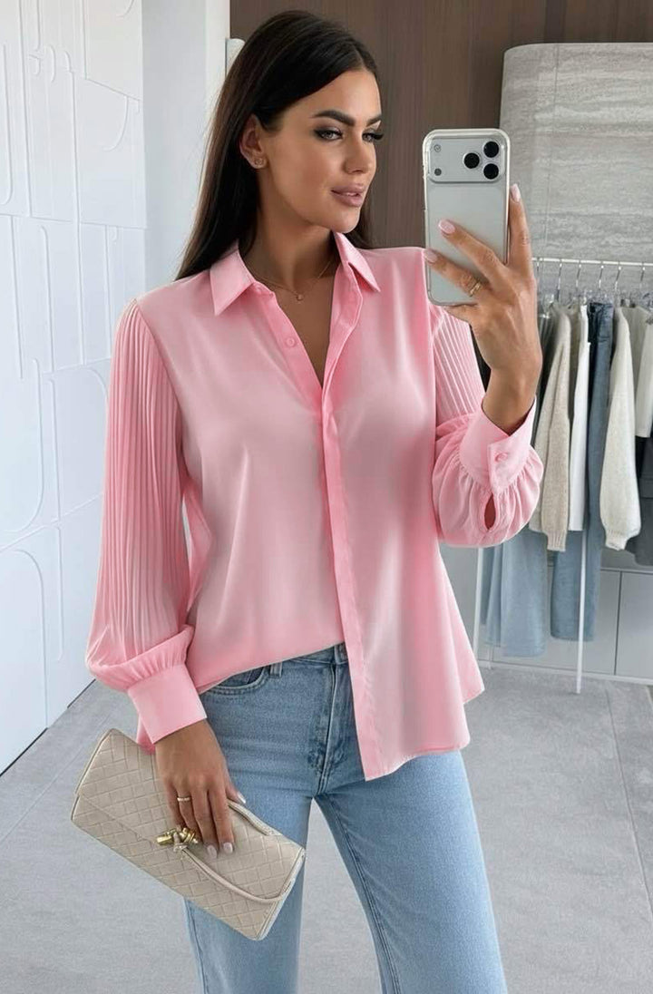 Monroe Pleated Sleeve Button-Up Shirt Blouse-Peach