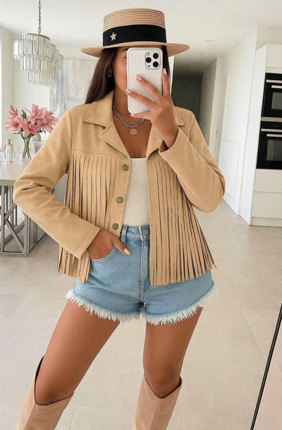 Montana Suede Fringe Jacket-Stone