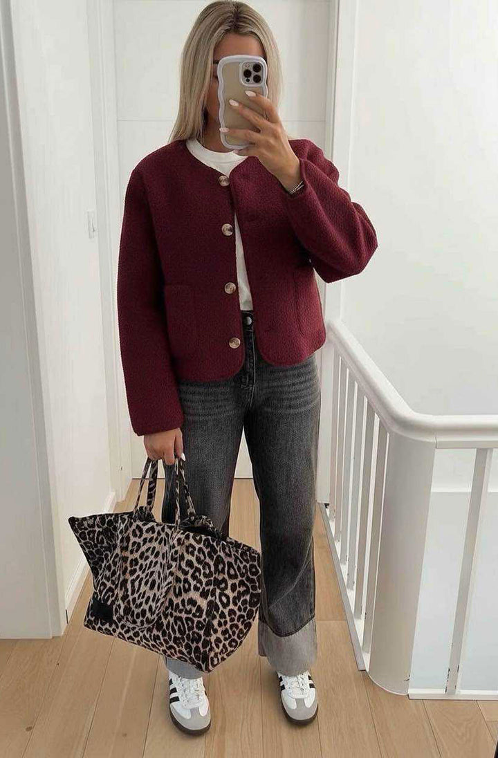 Mora Soft Bouclé Button Shacket-Wine