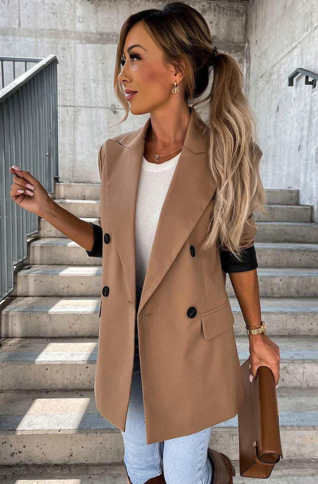 Myla Oversized Faux Leather Blazer Jacket - Camel