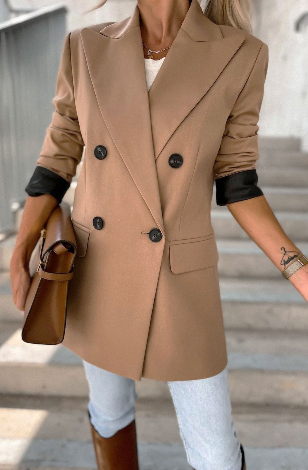 Myla Oversized Faux Leather Blazer Jacket - Camel