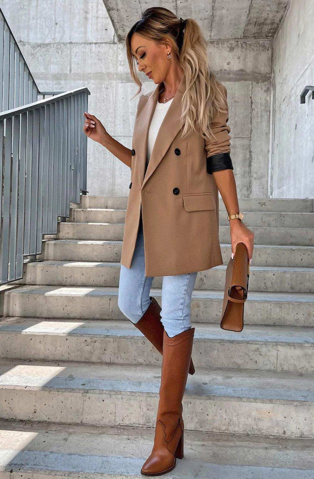 Myla Oversized Faux Leather Blazer Jacket - Camel