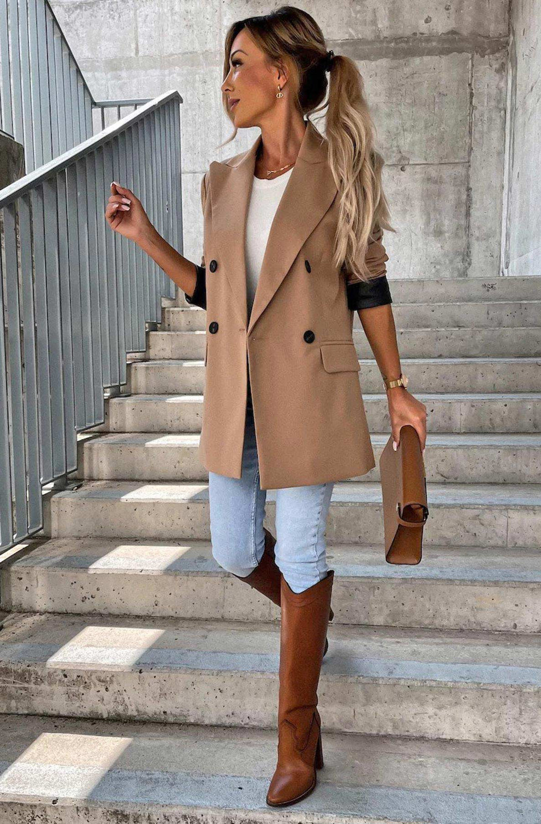 Myla Oversized Faux Leather Blazer Jacket - Camel