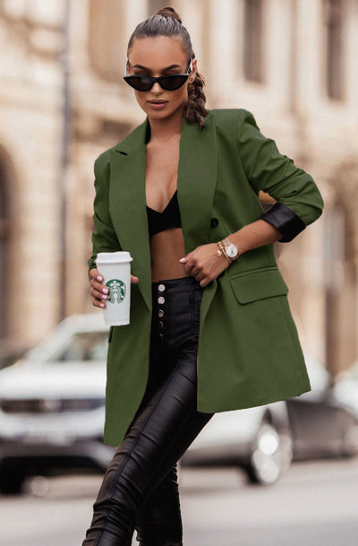 Myla Oversized Faux Leather Blazer Jacket-Khaki