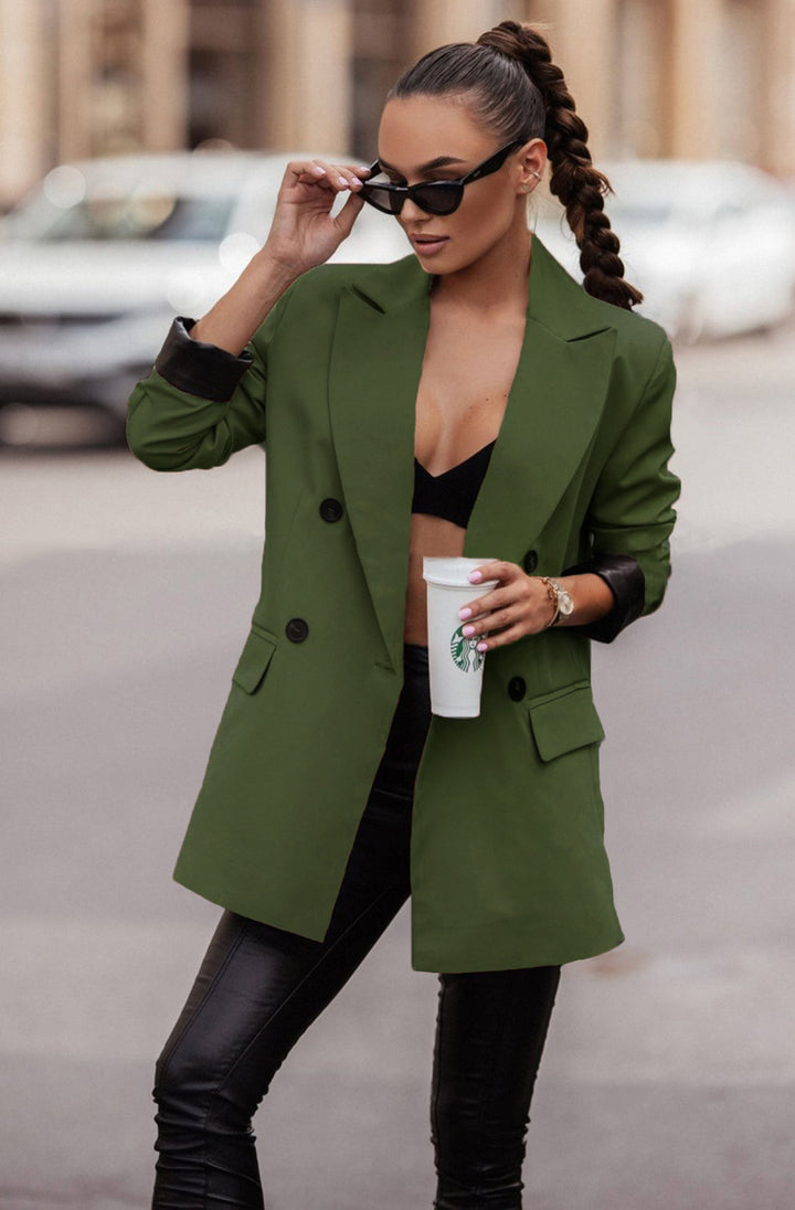 Myla Oversized Faux Leather Blazer Jacket - Khaki