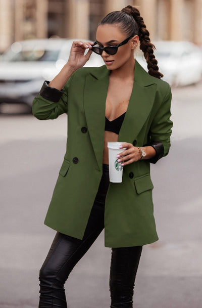 Myla Oversized Faux Leather Blazer Jacket-Khaki