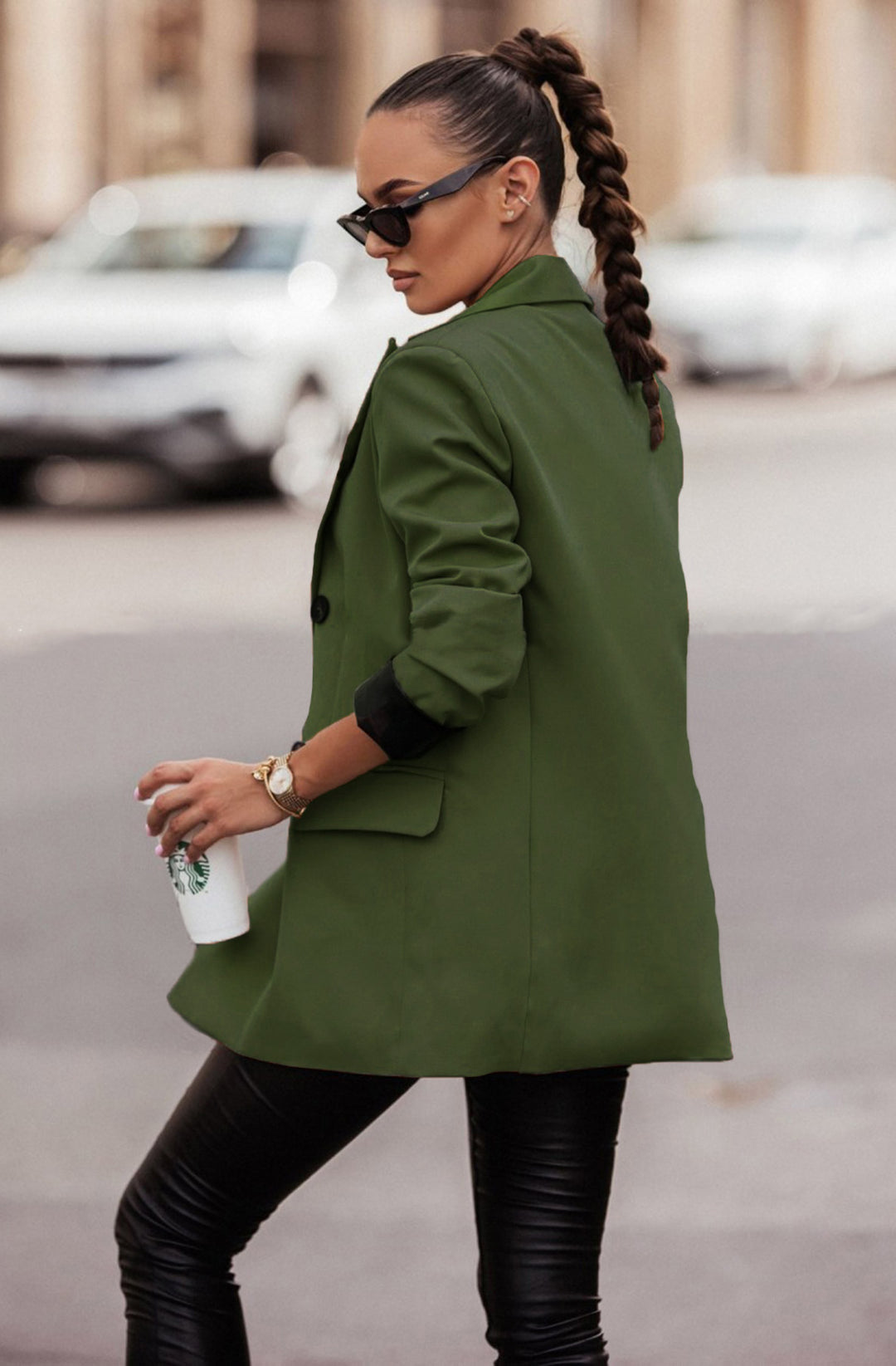 Myla Oversized Faux Leather Blazer Jacket - Khaki