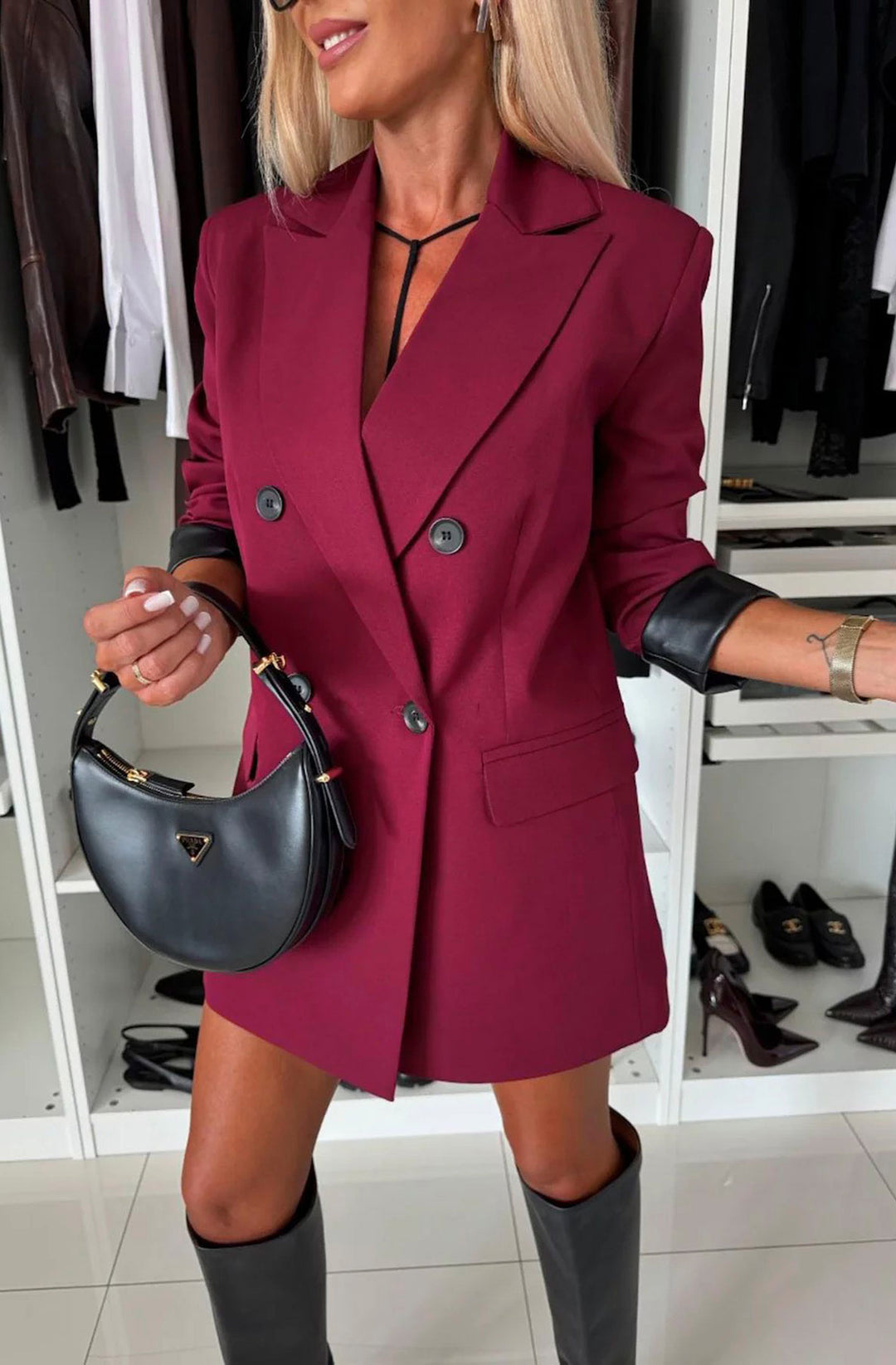Myla Oversized Faux Leather Blazer Jacket - Wine