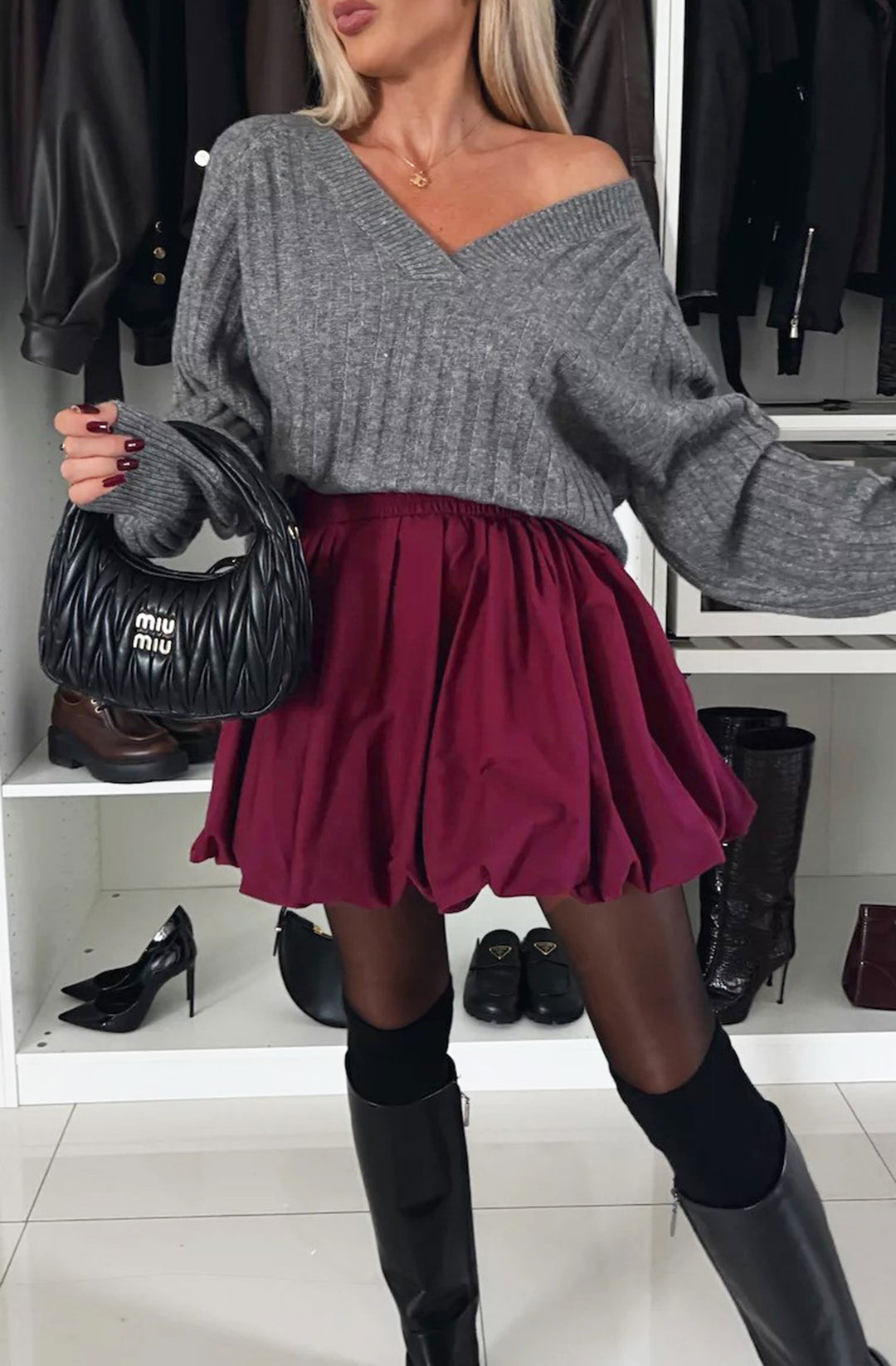 Natalie Puff Ball Balloon Mini Skirt - Wine