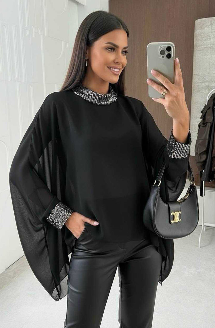 Nela Sequin Trim Batwing Blouse Top - Black