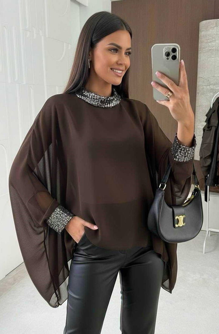 Nela Sequin Trim Batwing Blouse Top - Brown