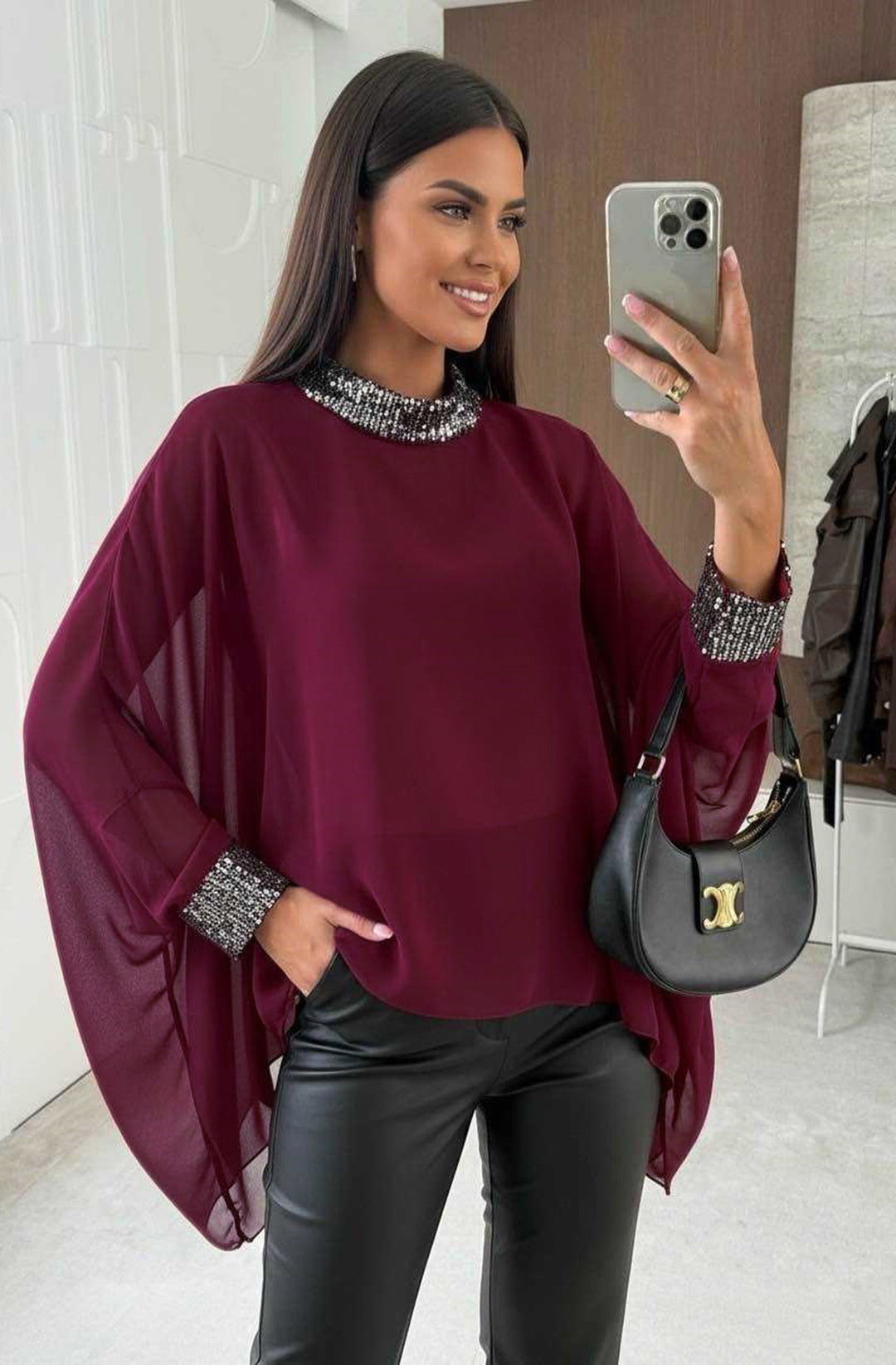 Nela Sequin Trim Batwing Blouse Top - Wine