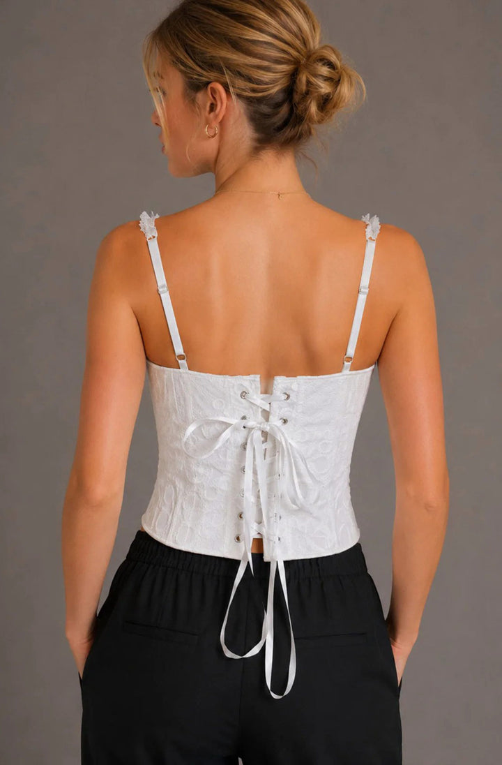 Nerissa Sheer Lace Embroidered Lace-Up Corset Top