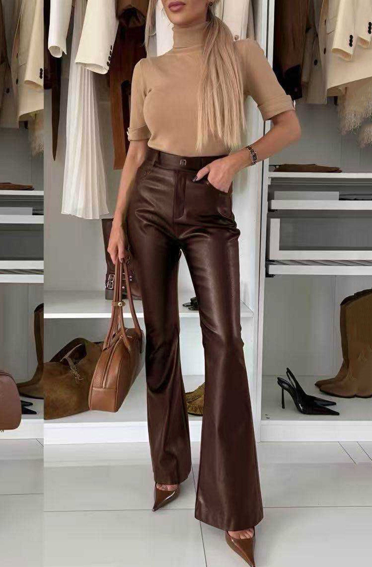 Nerisse Faux Leather Flare High-Waist Trousers-Brown