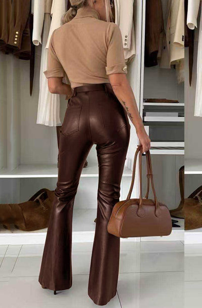 Nerisse Faux Leather Flare High-Waist Trousers-Brown
