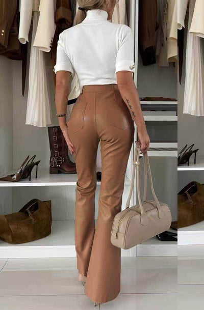 Nerisse Faux Leather Flare High-Waist Trousers-Camel