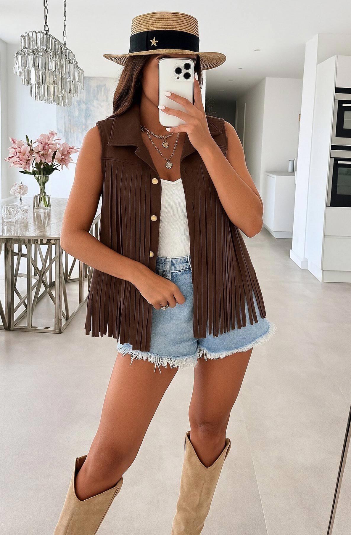 Nevada Suedette Tassel Gilet Vest-Brown