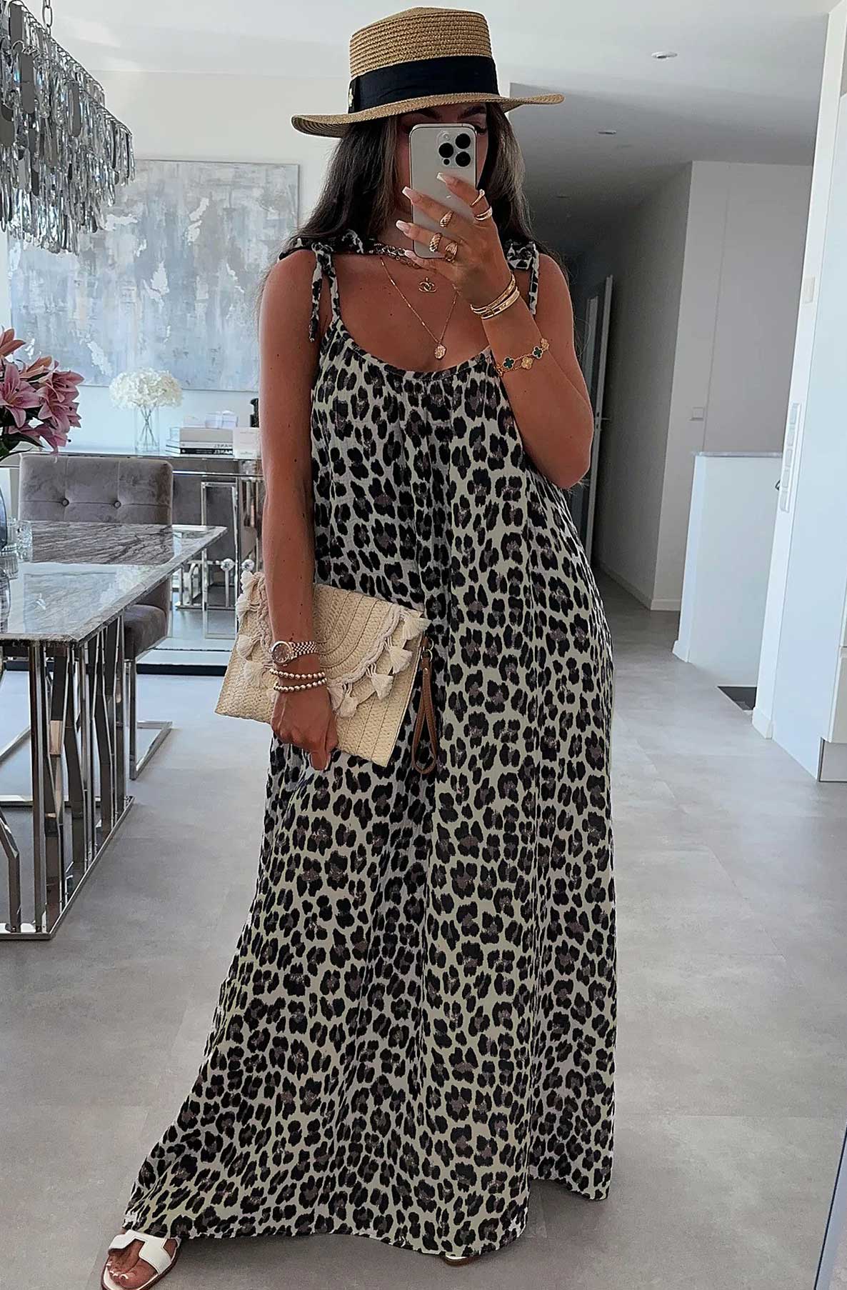 Nisha Cotton Gauze Style Tie-Up Leopard Print Maxi Dress-Brown
