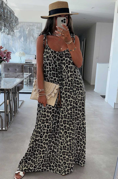 Nisha Cotton Gauze Style Tie-Up Leopard Print Maxi Dress-Brown