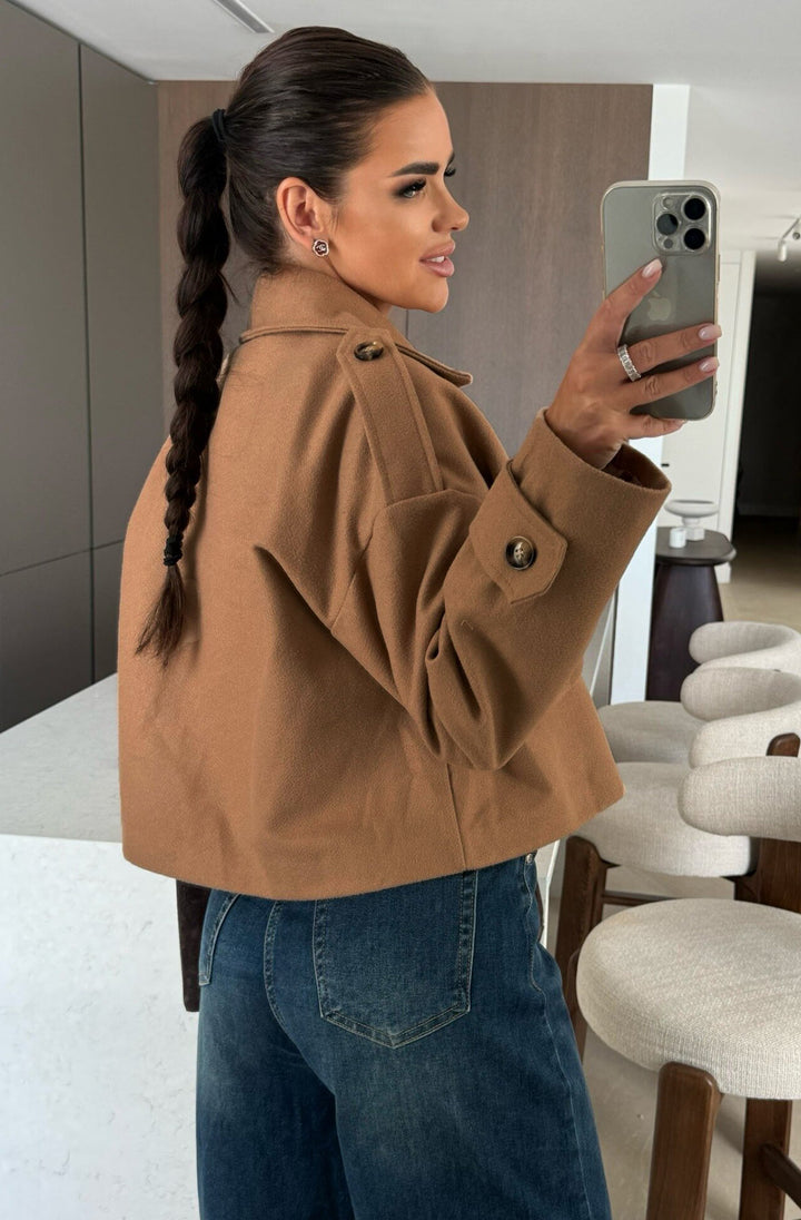 Niva Cropped Double-Breasted Jacket-Camel