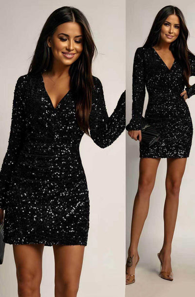 Noelia Sequin V-Neck Long Sleeve Mini Dress-Black