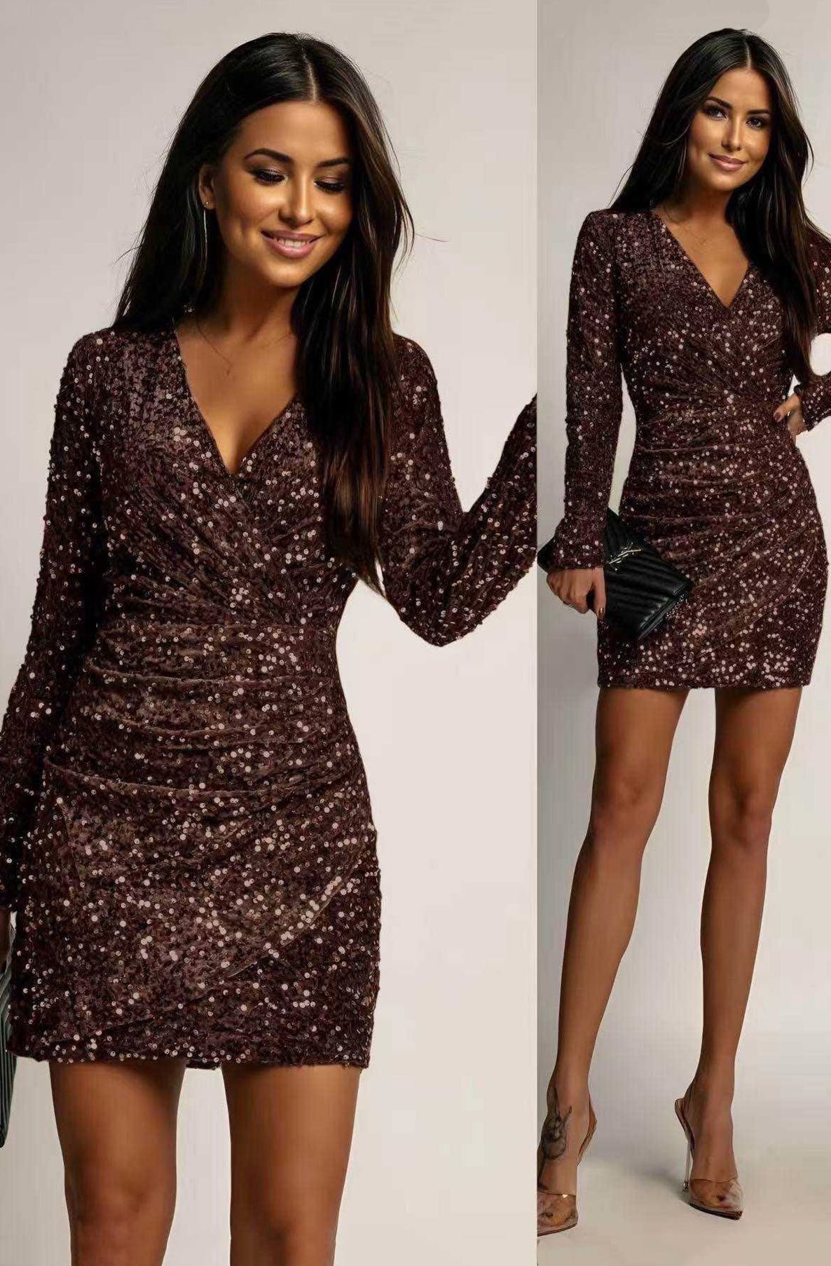 Noelia Sequin V-Neck Long Sleeve Mini Dress-Chocolate