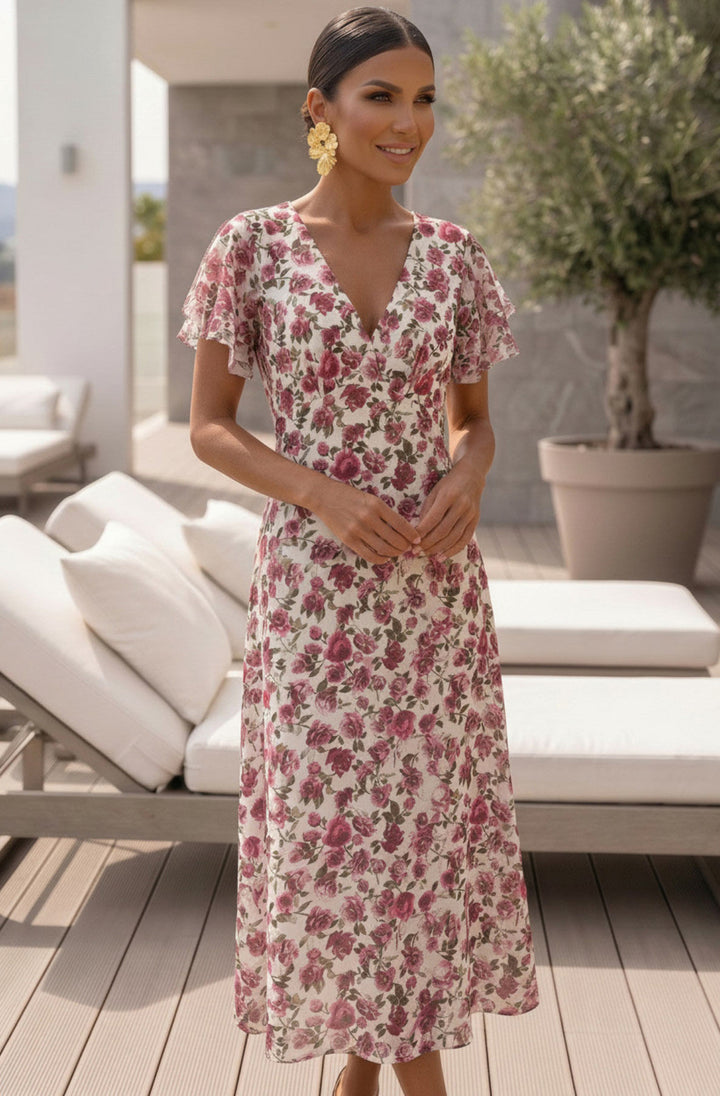Noelle Rose Print Mesh Flutter Sleeve maxi Dress