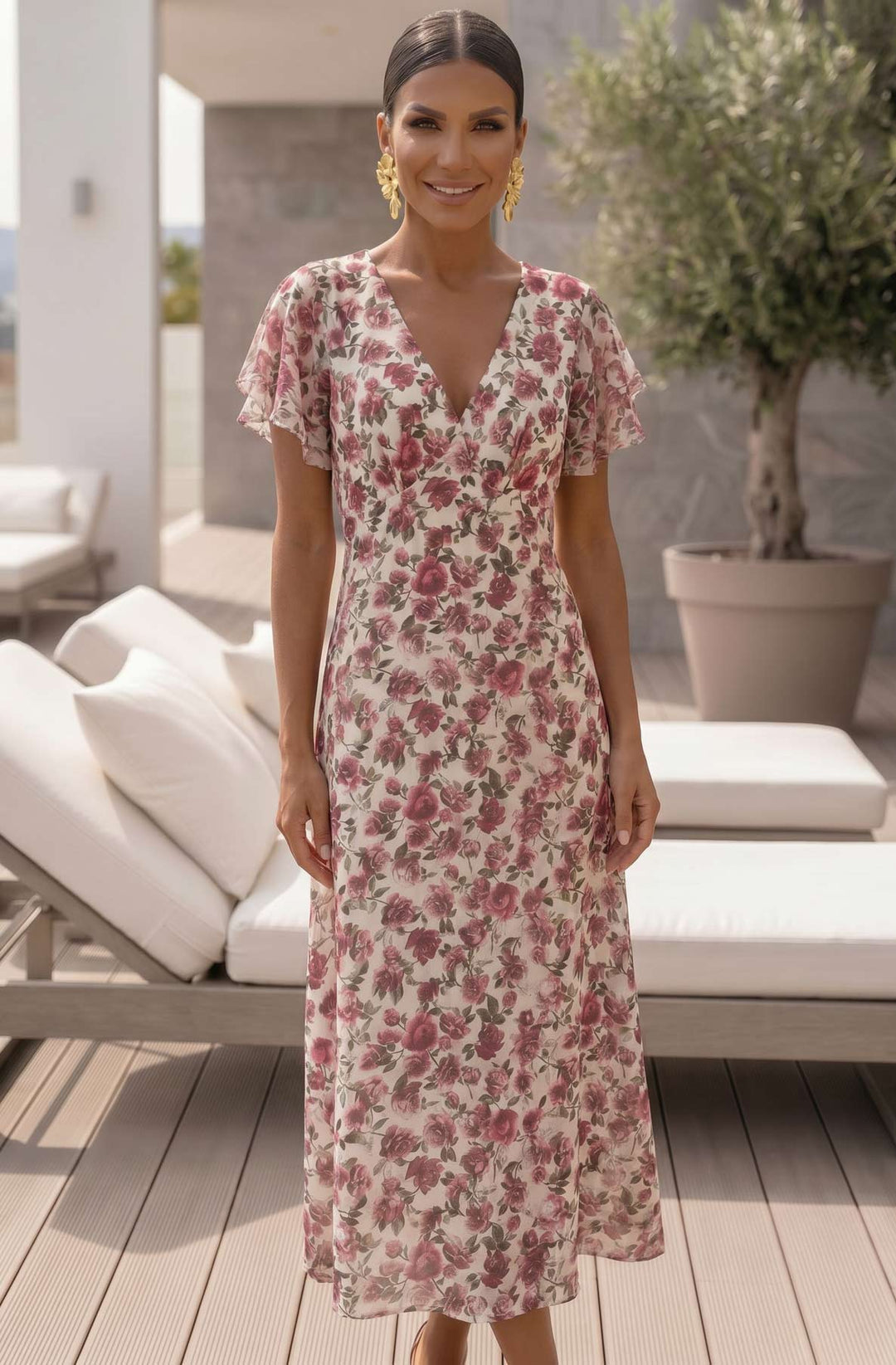 Noelle Rose Print Mesh Flutter Sleeve maxi Dress