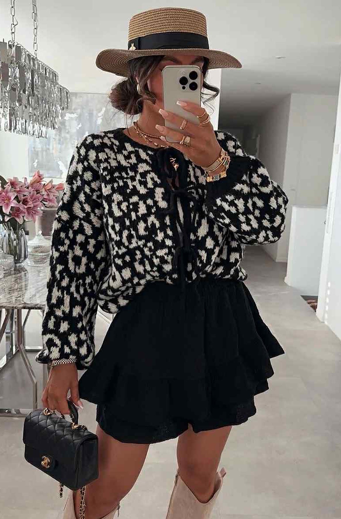 Noelle Leopard Print Tie-Up Cardigan-Black