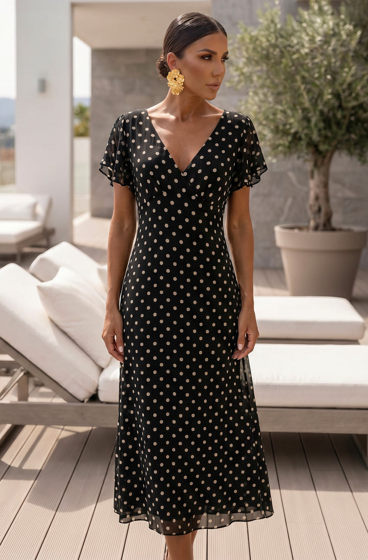 Noelle Polka Dot Mesh Flutter Sleeve Maxi Dress