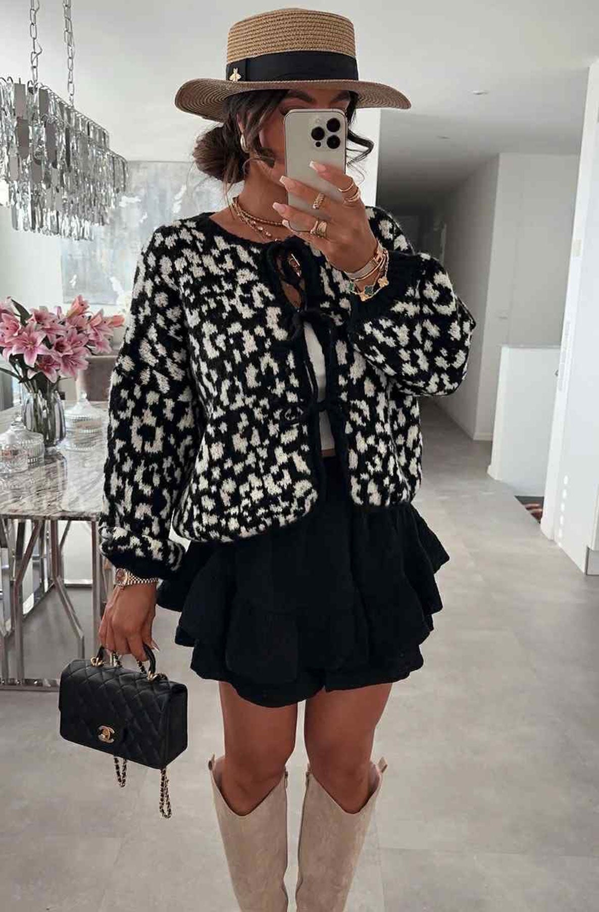 Noelle Leopard Print Tie-Up Cardigan-Black