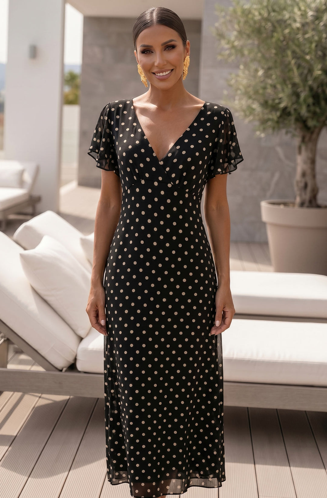 Noelle Polka Dot Mesh Flutter Sleeve Maxi Dress