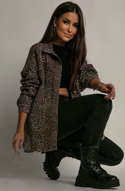 Nola Oversized Leopard Denim Shacket-Brown
