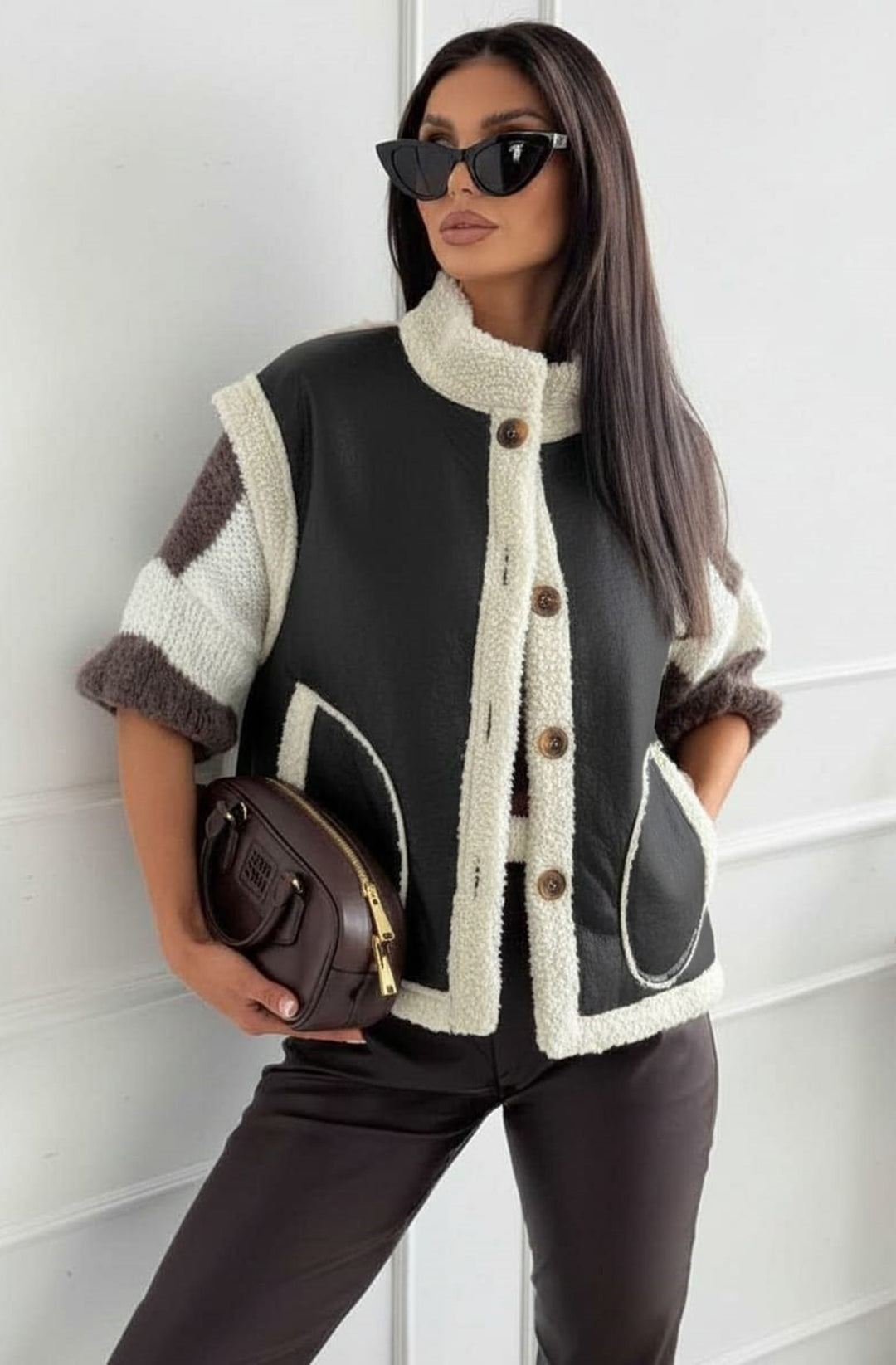 Nora Faux Shearling Trim Sleeveless Gilet Vest - Black