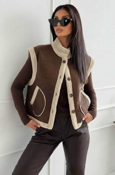 Nora Faux Shearling Trim Sleeveless Gilet Vest-Brown