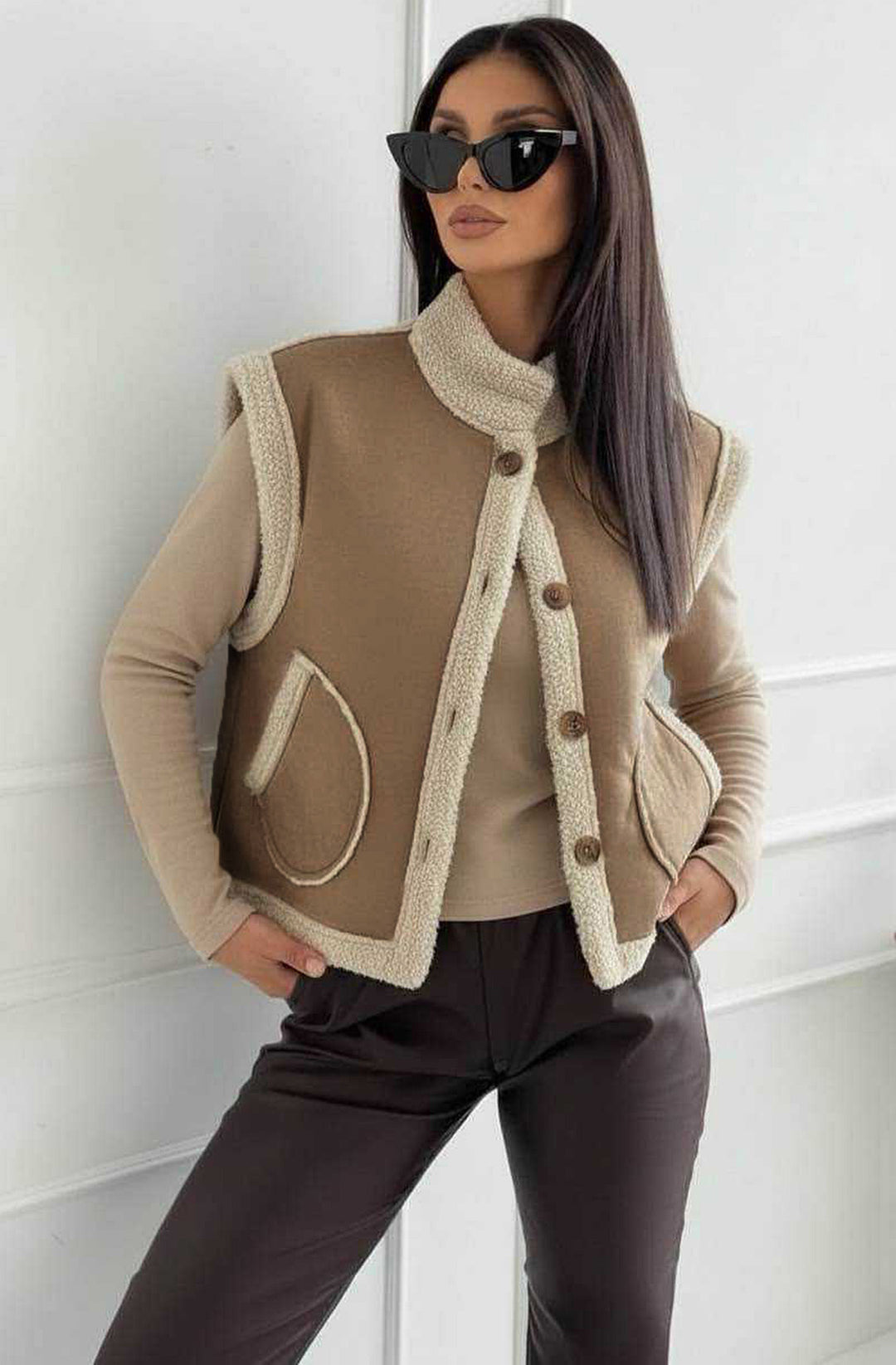 Nora Faux Shearling Trim Sleeveless Gilet Vest - Stone