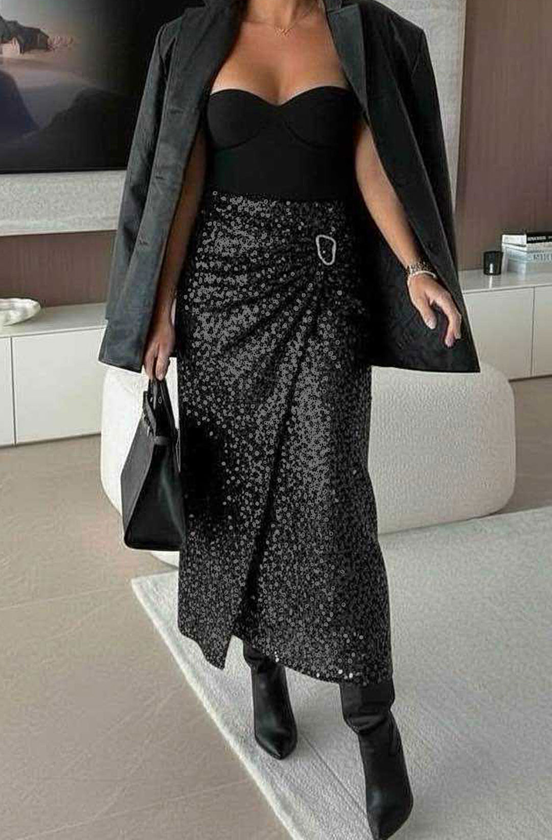 Nori Sequin Wrap Gold Buckle Midaxi Skirt - Black