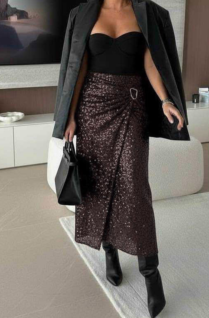 Nori Sequin Wrap Gold Buckle Midaxi Skirt - Brown