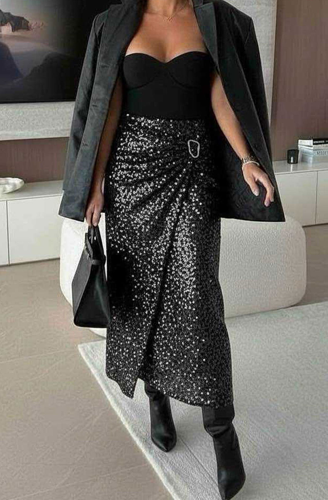 Nori Sequin Wrap Gold Buckle Midaxi Skirt - Silver