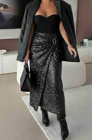 Nori Sequin Wrap Gold Buckle Midaxi Skirt-Silver