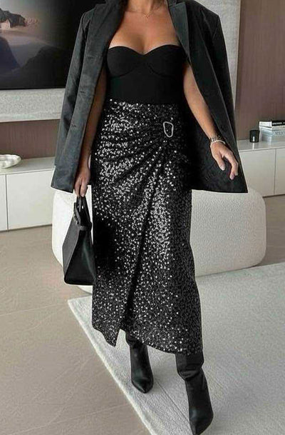 Nori Sequin Wrap Gold Buckle Midaxi Skirt-Silver