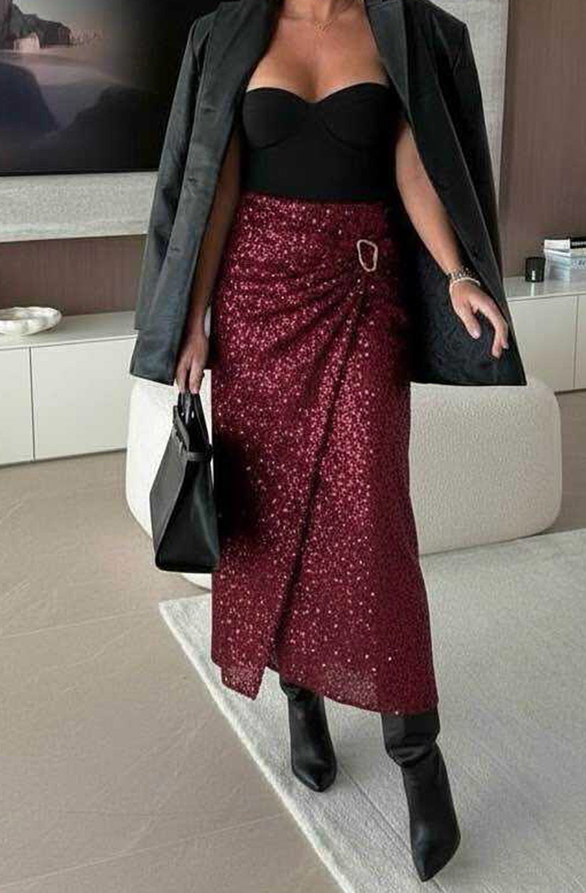 Nori Sequin Wrap Gold Buckle Midaxi Skirt-Wine